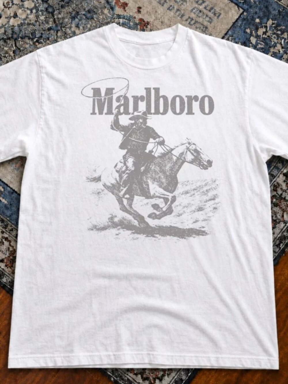 Gildan White Tee with Gray Marlboro Cowboy Graphic